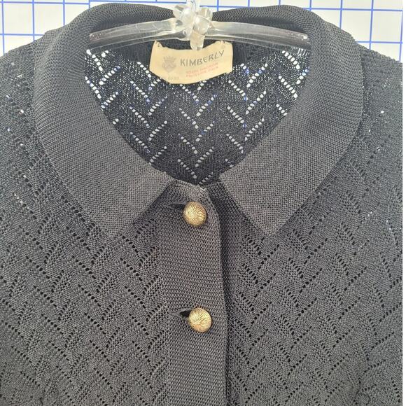 Kimberly Black Open-Knit Brass Button Long Sleeve Cardigan – Chic Vintage Layer - Picture 6 of 12